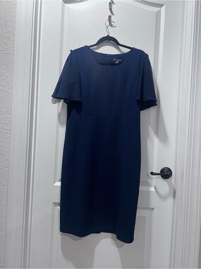 Nina Leonard Navy Midi Dress with Flutter Sleeves